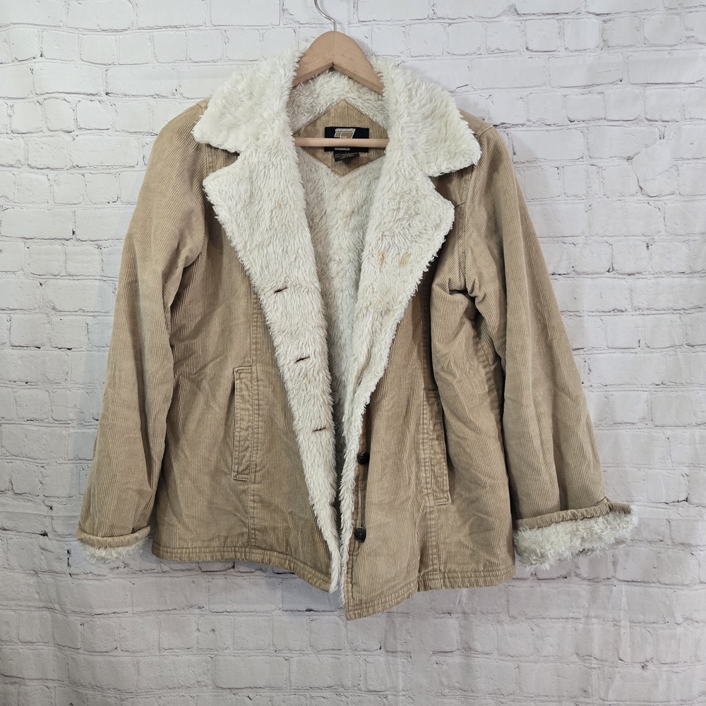 Vtg Y2k SEVENTY SEVEN‎ Corduroy Trucker Jacket L Sherpa Lined Boho Cotton 70s